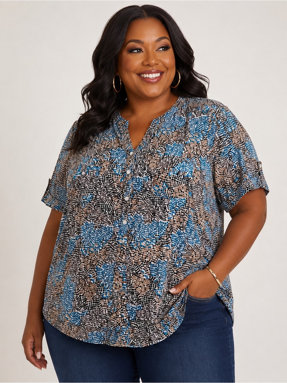 MAGGIE BARNES TEAL AND BROWN SHORT SLEEVE ROLL TAB BUTTON UP BLOUSE PLUS SIZE 5X